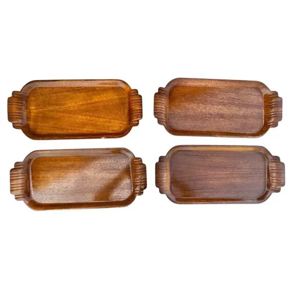 Set Of 4 Vintage Wooden Hospitality Trays With Carved Handles